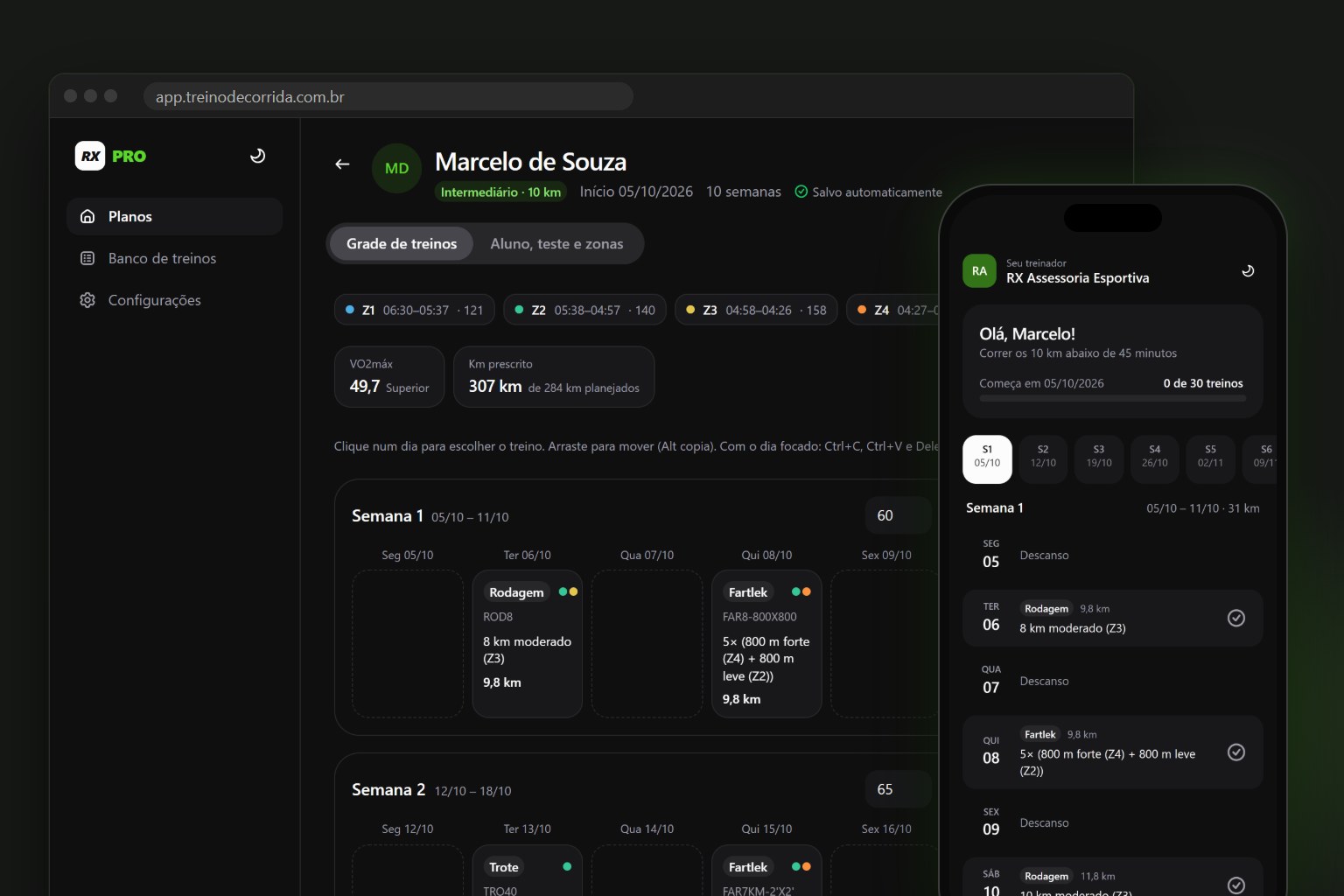 App RX PRO no navegador com a grade de treinos do aluno e o link do plano aberto no celular